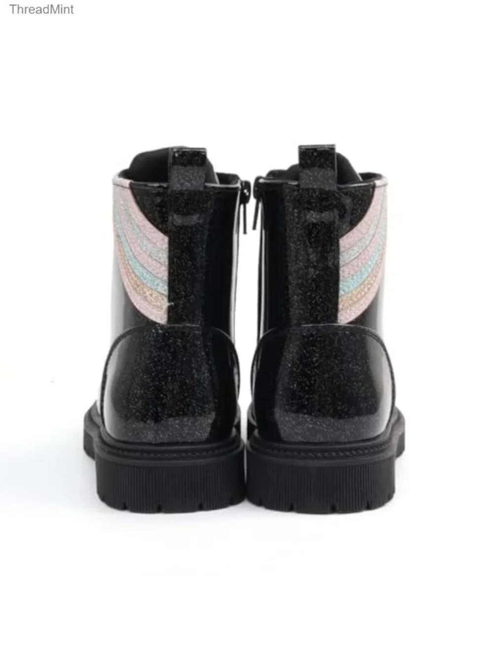 Girls Combat Boots with Gold Chain Charms, Glossy PU Upper, Lace-Up, Side